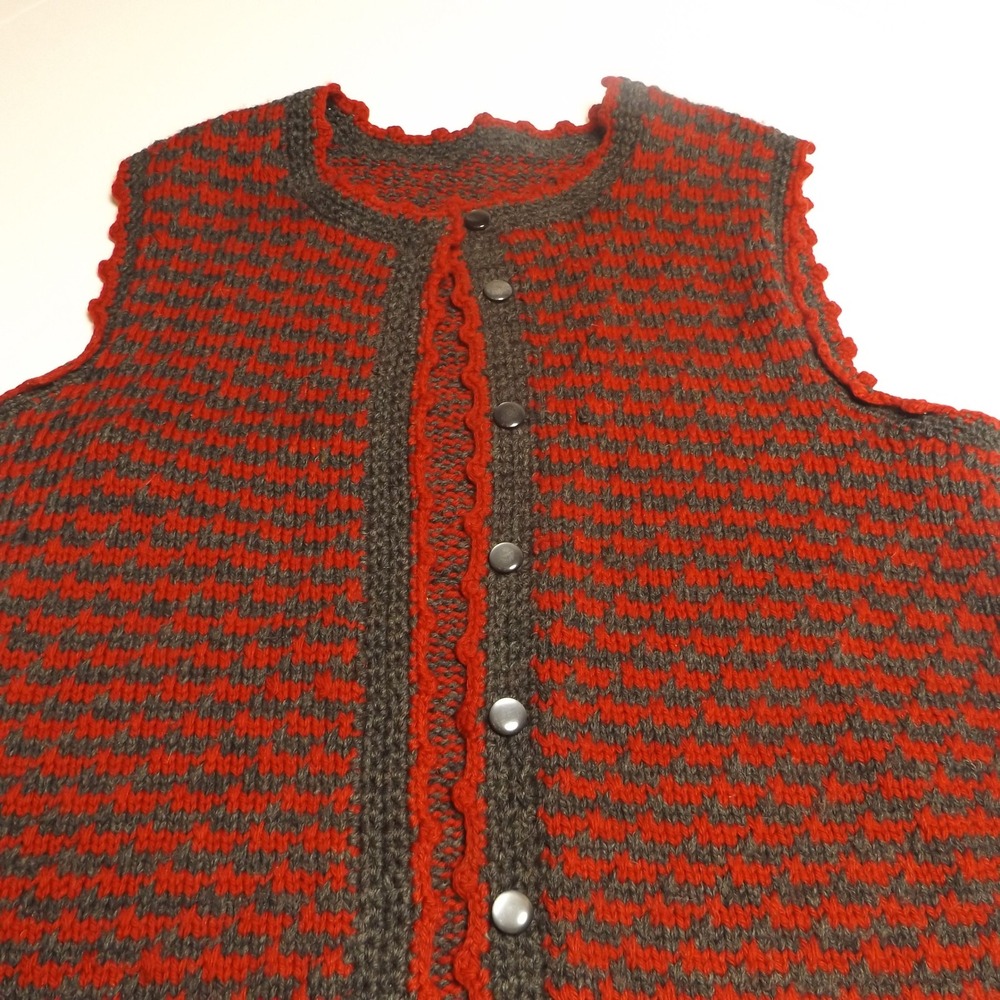 Handmade Knit Sweater Vest Red Gray Button Front Scalloped Trim Sleeveless XL